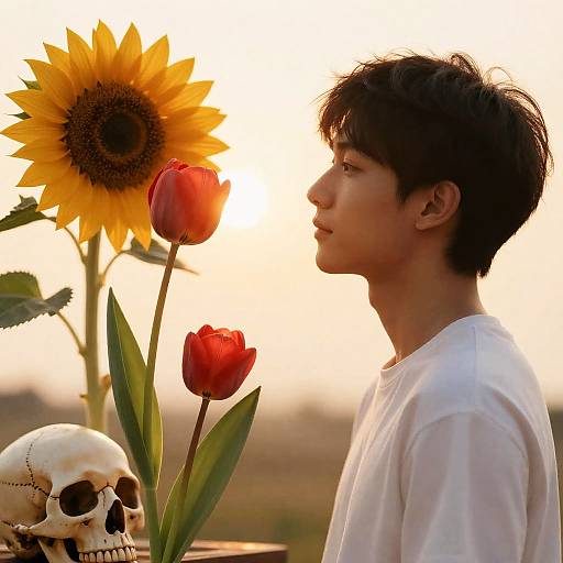 Man in Profile with Tulips and Skull at Sunset