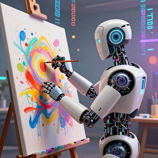 Digital artwork of a white, humanoid robot with glowing blue eyes, painting a colorful, abstract swirl on a canvas in a futuristic studio.