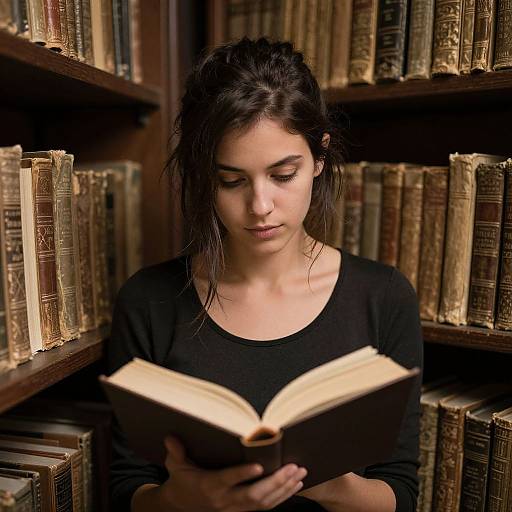Photograph of a young woman with dark hair in a black long-sleeve shirt, reading a book in a dimly lit, wooden bookshelf