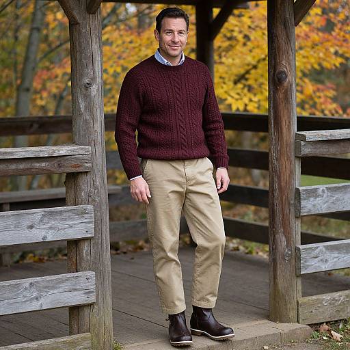 Photograph of a man with short dark hair, wearing a maroon sweater, beige pants, and black shoes, standing on a wooden bridge with autumn