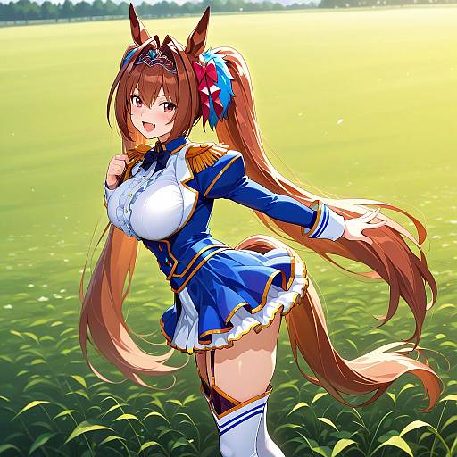 Anime-style digital illustration of a cute, busty horse-girl with long brown hair, blue and white outfit, and horse ears, smiling in a sunlit