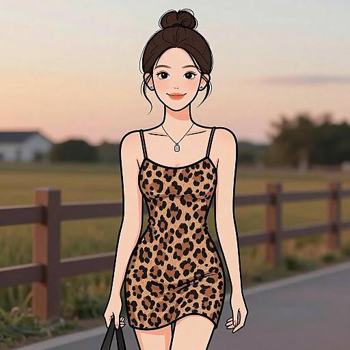 Digital drawing of a smiling Asian woman with a bun, wearing a leopard-print dress, walking on a rural road at sunset.