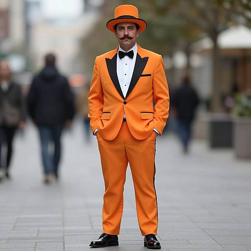 Photograph of a man with a mustache, wearing an orange suit, black bow tie, and matching hat, standing on a city sidewalk with blurred
