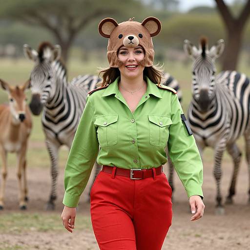 Photograph of a smiling woman in a bear mask, green shirt, and red pants walking among zebras and a gazelle in a savanna.