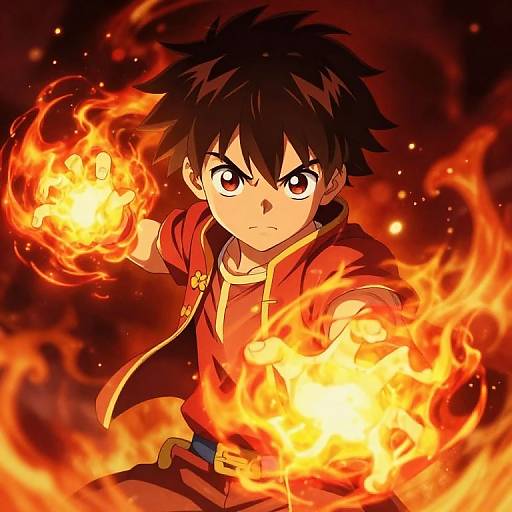 Anime-style digital drawing of a determined young boy with spiky black hair, red eyes, and red clothing, conjuring fiery orange and yellow flames in