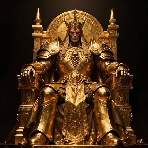 Photograph of a regal, golden-armored king with a crown, seated on an elaborate throne, glowing against a black background.