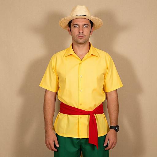 Man in Colorful Outfit Against Beige Backdrop