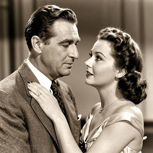 Black-and-white photograph of a 1940s-style couple; man in suit, woman in dress, gazing intently at each other, woman