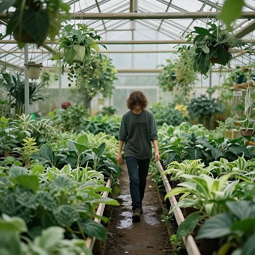 Solitary Figure in Verdant Greenhouse