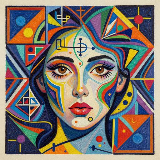 Vibrant, abstract digital portrait of a woman with colorful geometric patterns, bold eye makeup, and symmetrical abstract lines, set against a dark background