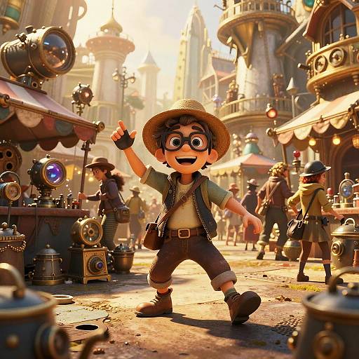 CGI image of a cheerful, cartoon boy in a straw hat and goggles, giving a thumbs-up in a steampunk street filled with vintage robots