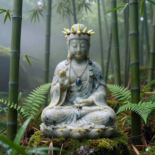 Photograph of a serene stone Buddha statue with a floral crown, seated in a misty bamboo forest, surrounded by ferns and moss.