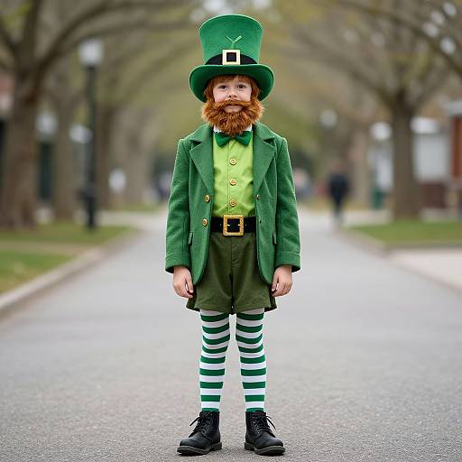 Photograph of a young boy with a red beard, green outfit, striped leggings, black shoes, and tall green top hat, standing on a blurred