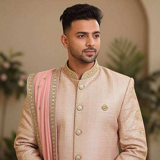 Photograph of a handsome Indian man with short black hair, trimmed beard, wearing a gold-embroidered beige sherwani and pink dupatta