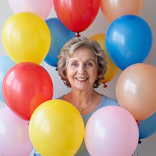 Photograph of smiling elderly woman with short gray hair, wearing blue top and gold necklace, surrounded by colorful balloons (red, yellow, blue, pink