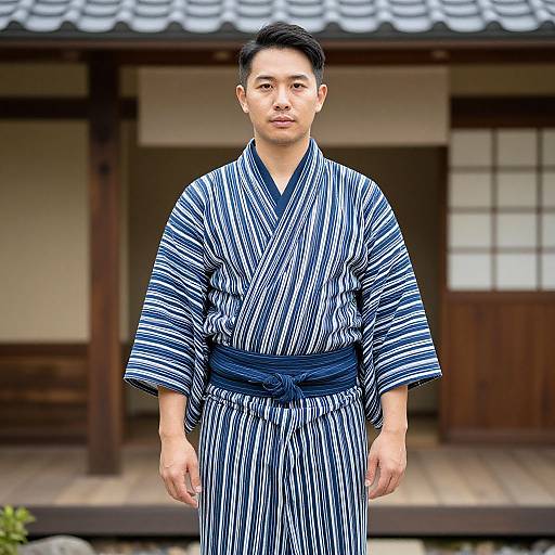 Photograph of an East Asian man in a blue and white striped yukata with a dark blue obi, standing in front of a traditional Japanese