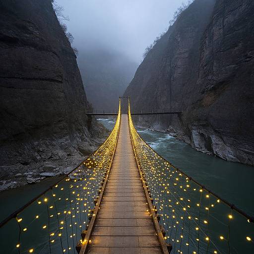 Photograph of a foggy, narrow suspension bridge with glowing yellow lights, spanning a fast-flowing river between dark, steep cliffs.
