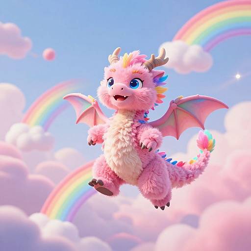 Cute, fluffy pink dragon with blue eyes, small horns, and rainbow-colored spikes flying joyfully against a bright blue sky with fluffy clouds and vibrant