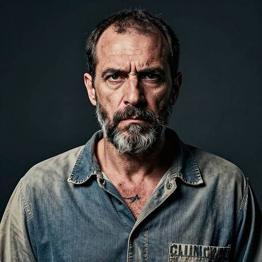 Photograph of a rugged, middle-aged man with a graying beard, wearing a faded denim shirt, against a dark background. Intense gaze,