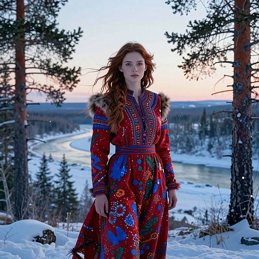 Photograph of a red-haired woman in a vibrant, fur-trimmed, patterned red dress standing in a snowy forest at sunset, with a