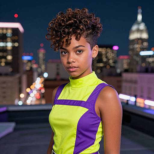 Photograph of a young Black woman with curly hair, wearing a neon yellow and purple sleeveless dress, standing on a rooftop at night with a city