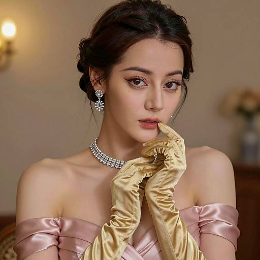 Elegant Woman in Pink Satin Dress and Gold Gloves