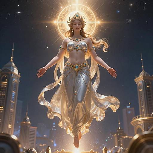 Digital art of a serene, ethereal woman with glowing halo, wearing golden and silver, flowing, belly-dancer style attire, floating above a city