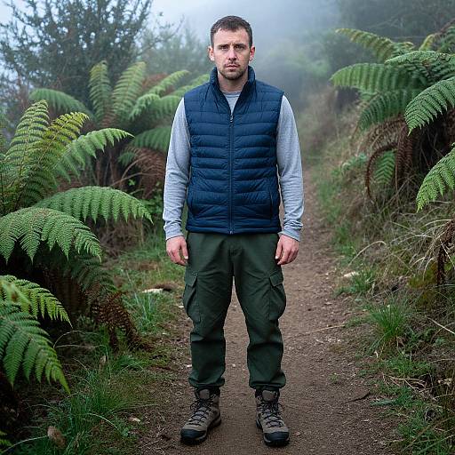 Photograph of a serious, bearded man with short brown hair, wearing a blue puffer vest, light blue shirt, and green pants, standing