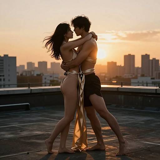 Silhouetted couple dancing on rooftop at sunset, wearing minimal, flowing outfits; city skyline in background. Romantic, intimate, warm light. Photograph