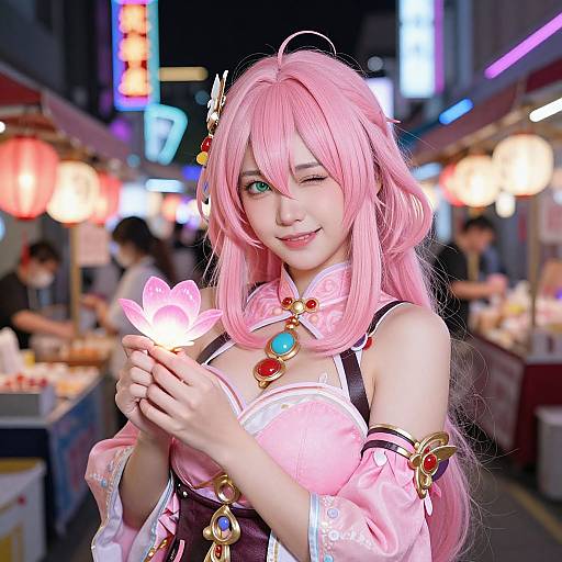 Vibrant Pink-Haired Woman in Neon Market