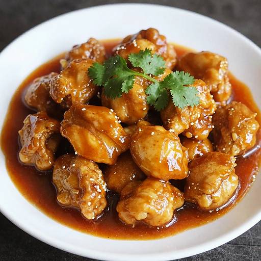 Photograph of glazed chicken drumsticks in rich, dark brown sauce, garnished with fresh green cilantro, served on a white plate.