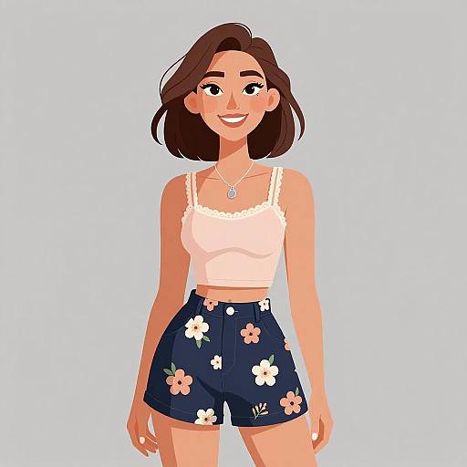 Digital illustration of a smiling woman with short brown hair, wearing a white lace-trimmed tank top and navy floral shorts, against a light blue background