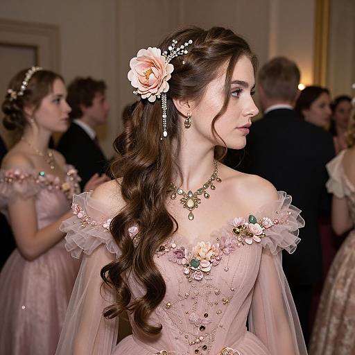 Elegant Woman in Pink Floral Gown