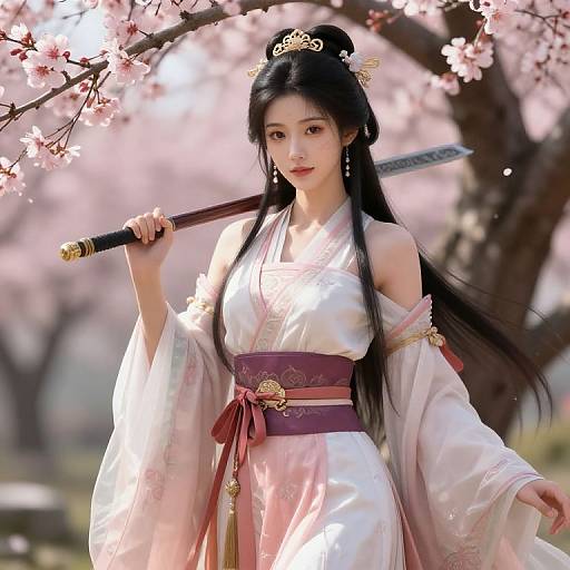 Digital artwork of an Asian woman in a white kimono with pink accents, holding a katana, standing under cherry blossom trees.