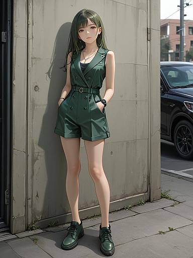 Digital anime-style drawing of a young woman with long black hair, wearing a green sleeveless romper and black sneakers, standing against a concrete wall with