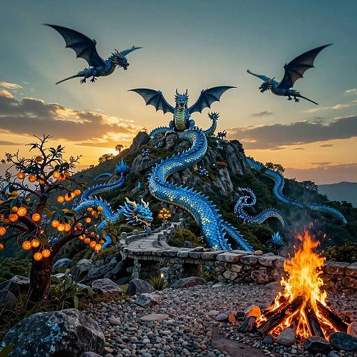 Photograph of a blue, glowing dragon with wings and spikes on a rocky hill, surrounded by three flying dragons, sunset sky, orange lanterns,