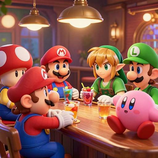 Mario characters and Kirby gather at a cozy, warmly lit bar, enjoying drinks and desserts under hanging lamps. Digital art style.