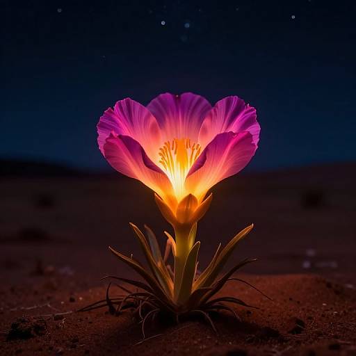 Photograph of a glowing desert flower with vivid pink and orange petals, illuminated against a dark, starry night sky and sandy ground.