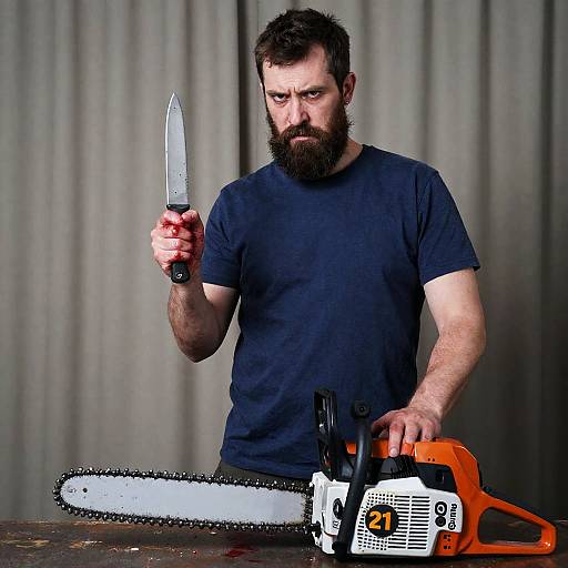 Intense Bearded Man with Chainsaw