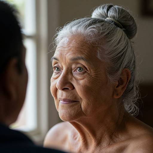 Photograph of an elderly Asian woman with silver hair in a bun, soft smile, and deep wrinkles, illuminated by natural light.