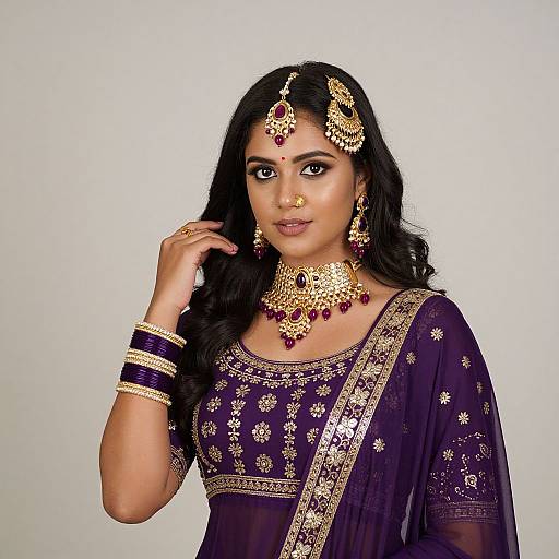Photograph of a beautiful South Asian woman in a purple saree adorned with gold and red jewelry, including a maang tikka, earrings, necklace