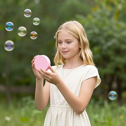 Blonde Girl with Bubbles Outdoors