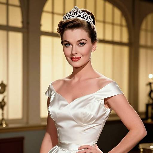 Photograph of a fair-skinned, brunette woman with vintage updo, wearing a white off-shoulder satin dress and silver tiara, smiling
