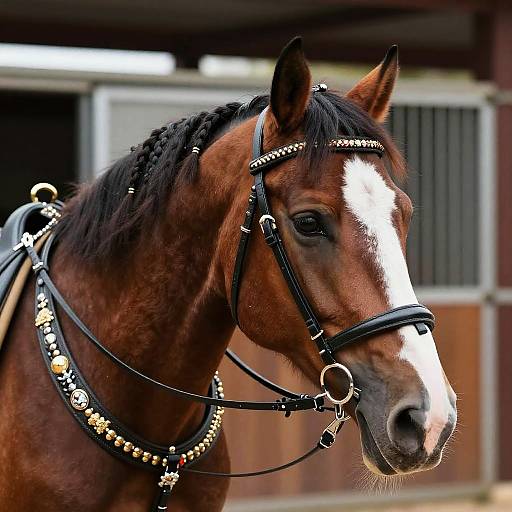 Photograph of a brown horse with a white blaze, wearing ornate black harness with gold accents, in a stable with blurred background.