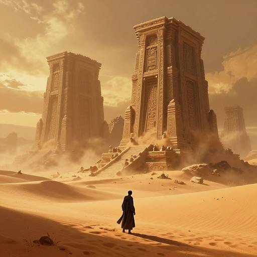 Photograph-style CGI: Silhouetted figure in long cloak walks toward towering, ancient, sandstone temples in golden desert sand, with mist and