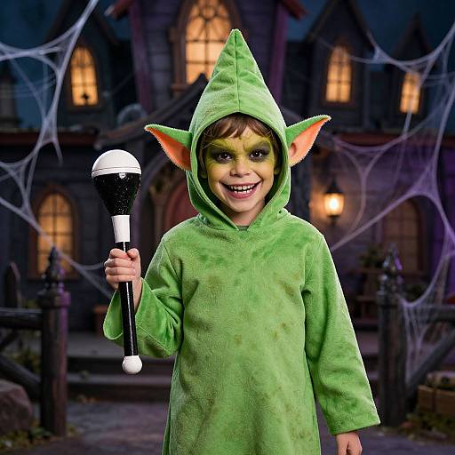 Photograph of a smiling young boy in a green elf costume with pointy ears, holding a black-and-white wand, in front of a spooky,