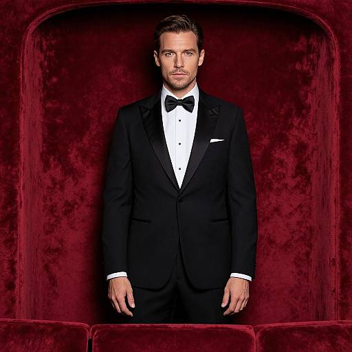 Photograph of a handsome, serious-looking man with short brown hair, wearing a black tuxedo, white shirt, black bow tie, standing against