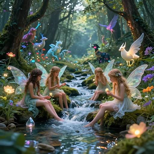 Digital fantasy art: Three fairy-like girls with transparent wings sit by a flowing forest stream, surrounded by glowing butterflies and colorful flowers. Enchanted woodland
