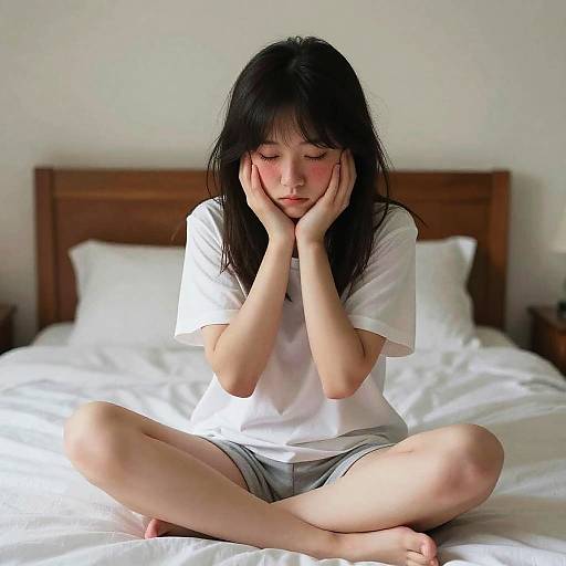 Young Asian woman with long black hair, wearing a white t-shirt and gray shorts, sits cross-legged on a bed, hands on cheeks, appearing sad