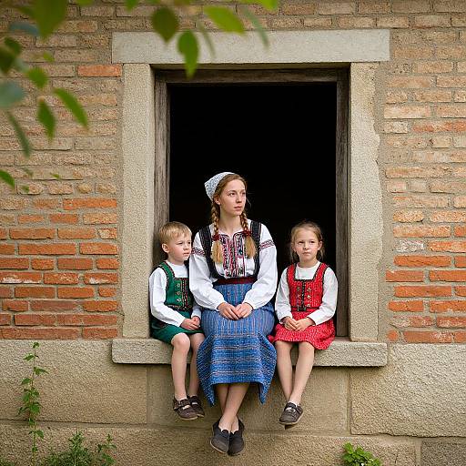 Photograph of a woman and two children in traditional German dirndls, sitting in a brick window, with a leafy foreground.